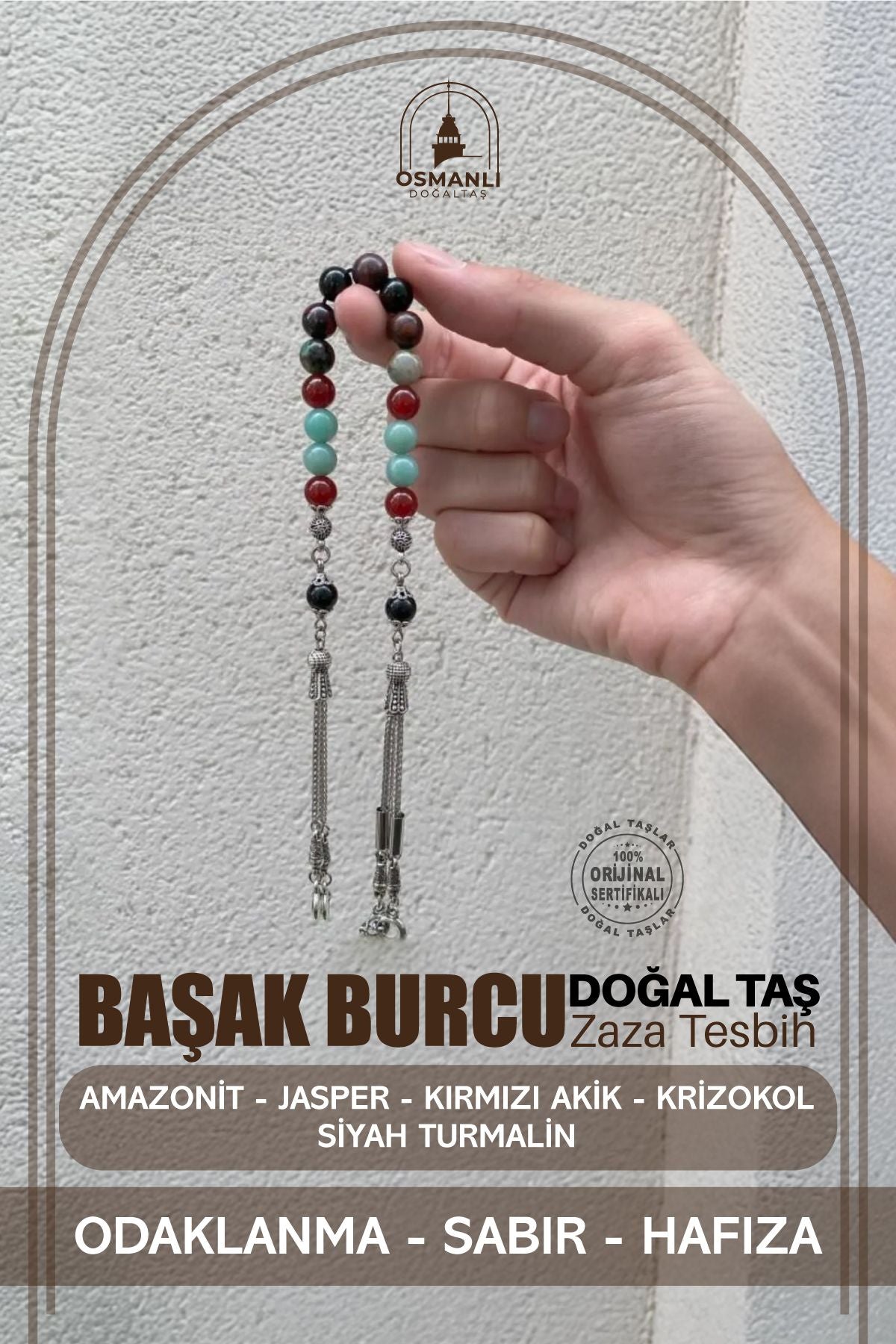 Başak Burcu Zaza Tesbih Doğal Taş Amazonit, Jasper, Kırmızı Akik, Krizokol, Siyah Turmalin