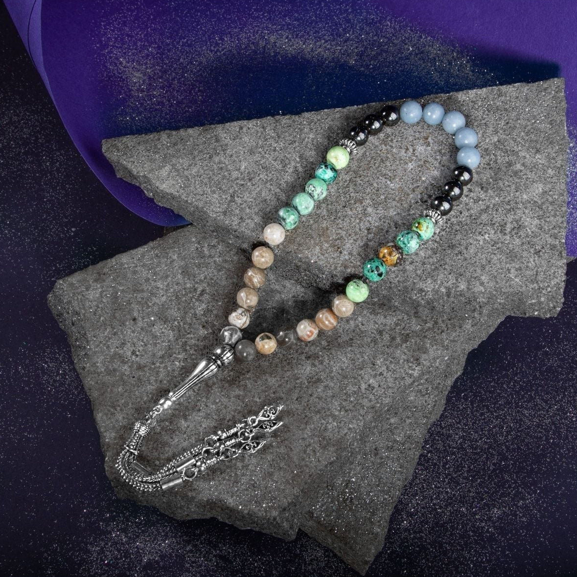 Kova Burcu Tesbih Anjelit, Fosil Mercan, Hematit, Krizokol