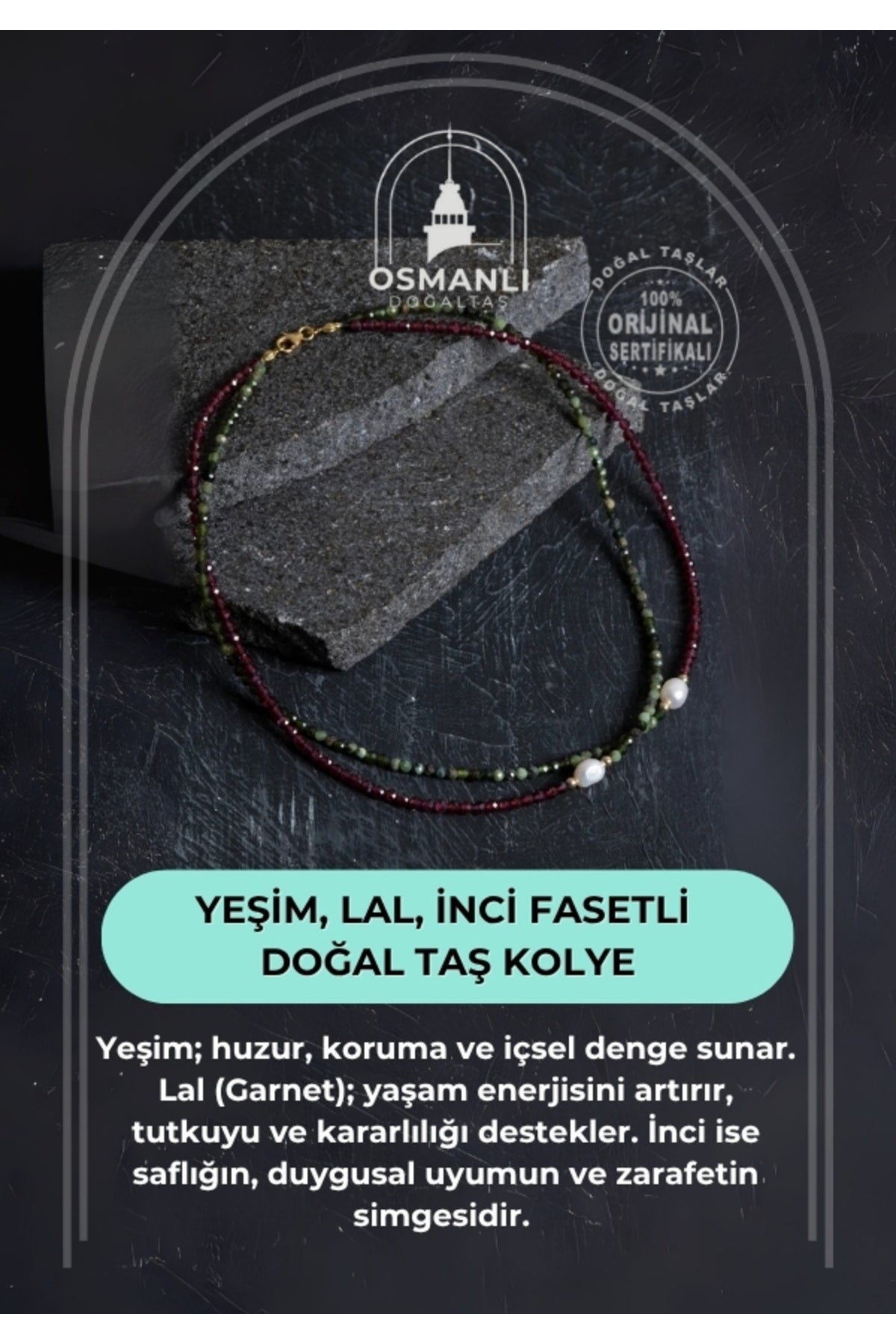 Sertifikalı Yeşim, Lal, İnci Fasetli Doğal Taş Kolye