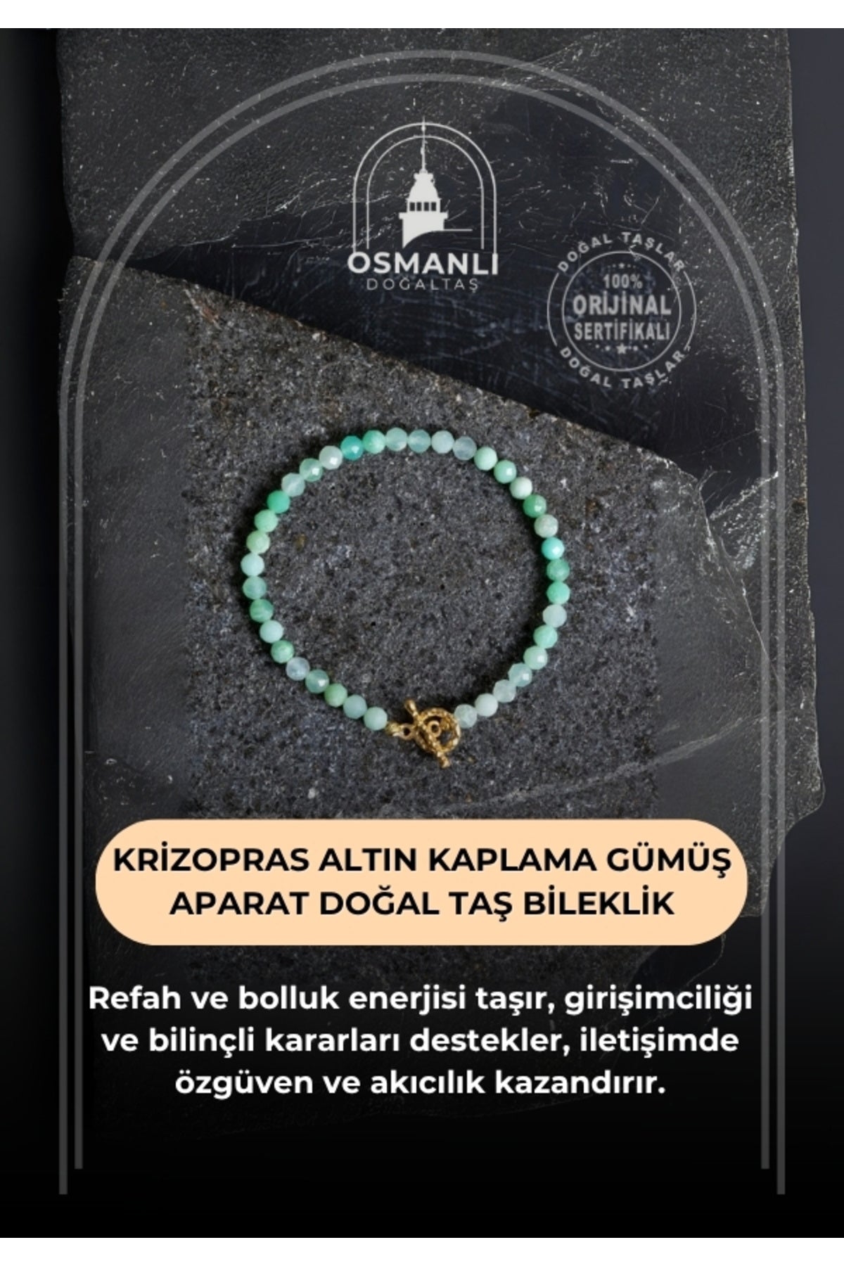 Sertifikalı Krizopras Altın Kaplama Gümüş Aparat Doğal Taş Bileklik