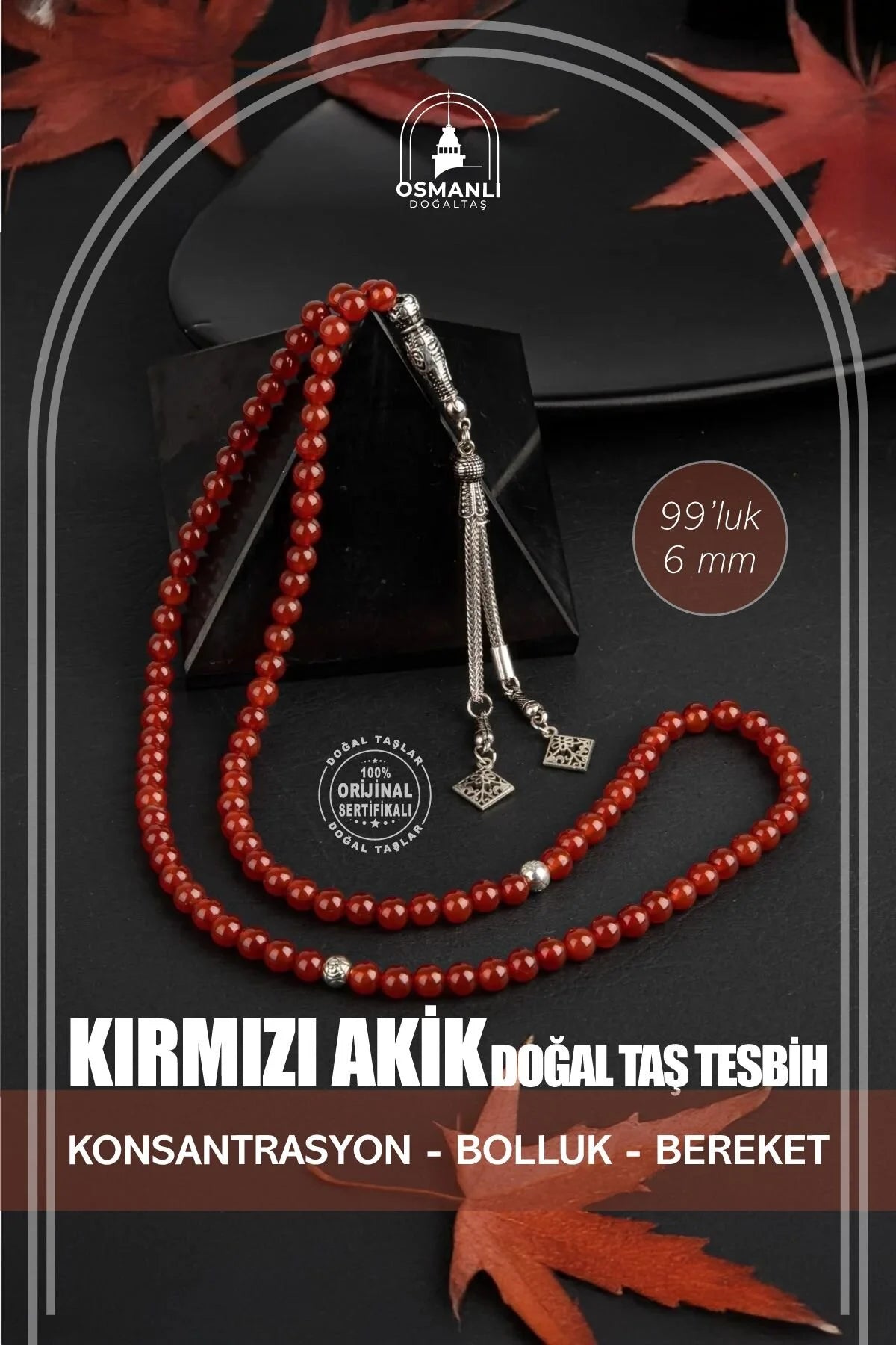 Kırmızı Akik Doğal Taş Tesbih 99luk - 6mm