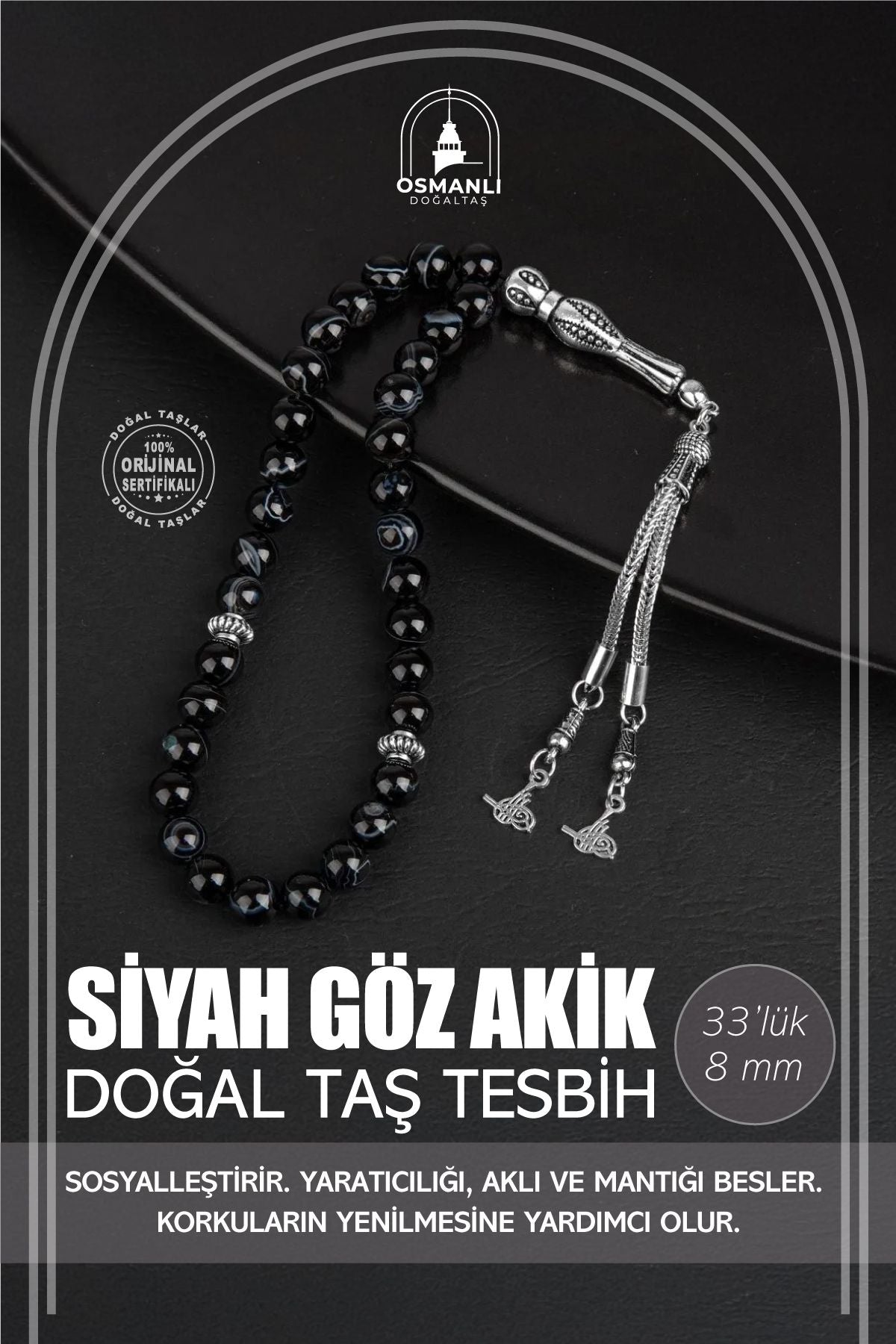 Siyah Göz Akik Doğal Taş Tesbih 33lük - 8mm
