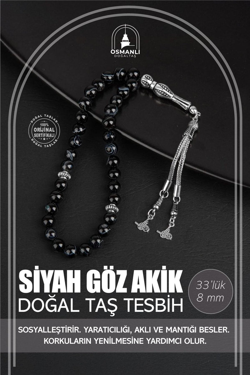 Siyah Göz Akik Doğal Taş Tesbih 33lük - 8mm