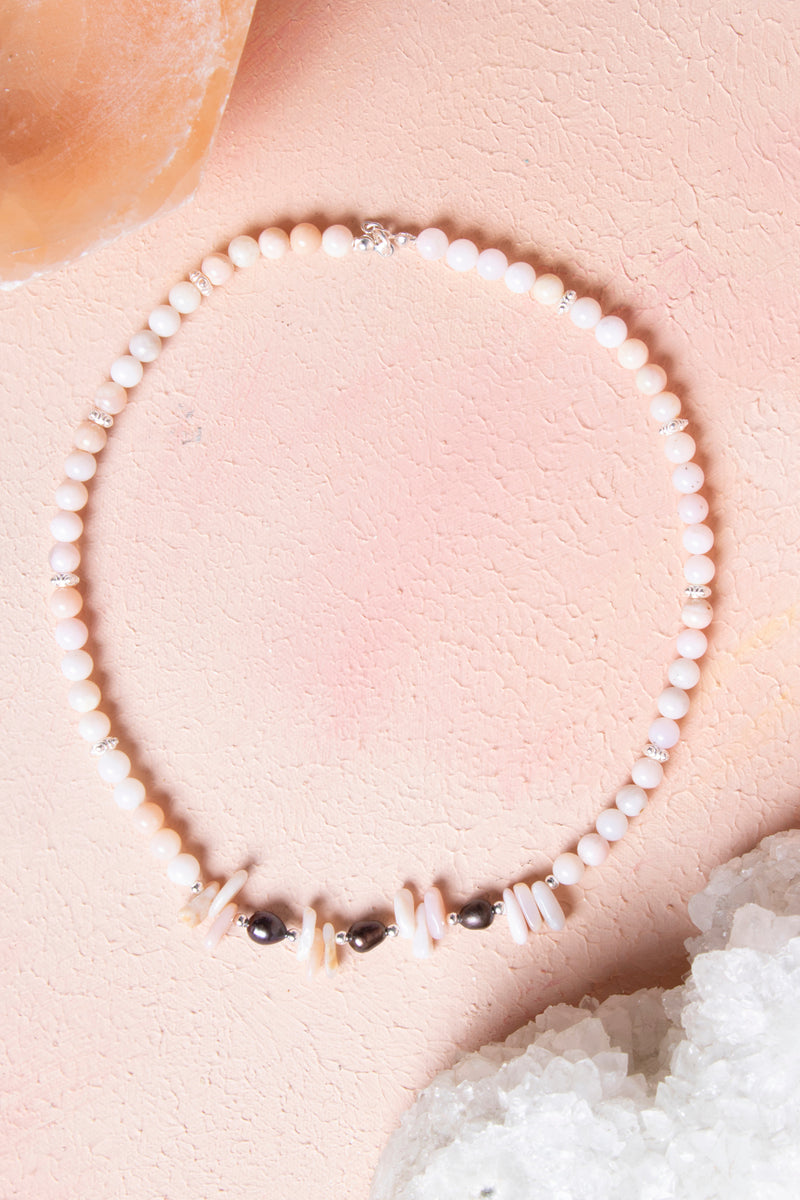 Sertifikalı Siyah İnci, Pembe Opal Doğal Taş Kolye (SK:244)