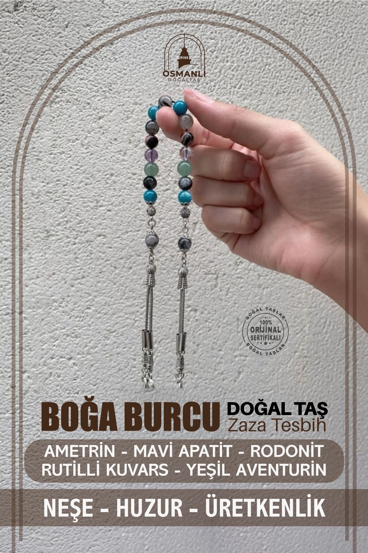 Boğa Burcu Zaza Tesbih Doğal Taş Ametrin, Mavi Apatit, Rodonit, Rutilli Kuvars, Yeşil Aventurin