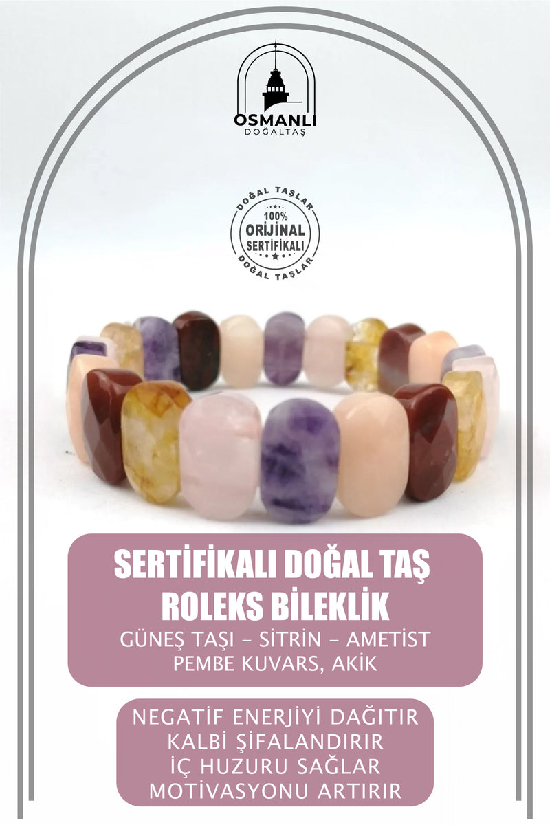 Sertifikalı Doğal Taş Roleks Bileklik (GÜNEŞ TAŞI, SİTRİN, AMETİST, PEMBE KUVARS, AKİK)