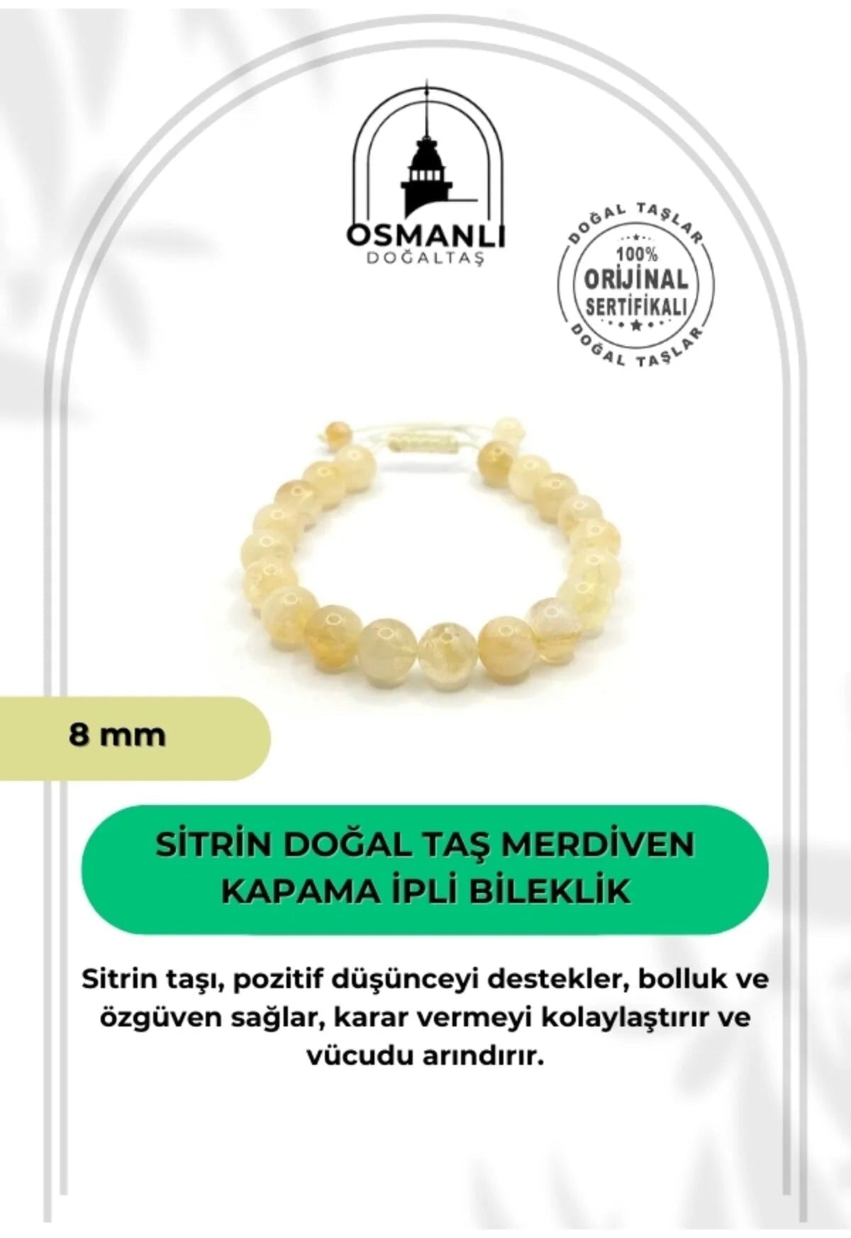 Hakiki Doğal Sertifikalı Sitrin Doğal Taş Merdiven Kapama İpli Bileklik 8mm