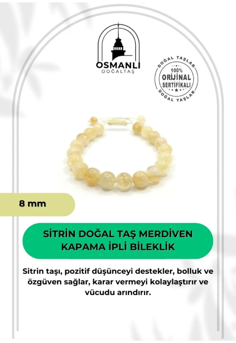 Hakiki Doğal Sertifikalı Sitrin Doğal Taş Merdiven Kapama İpli Bileklik 8mm