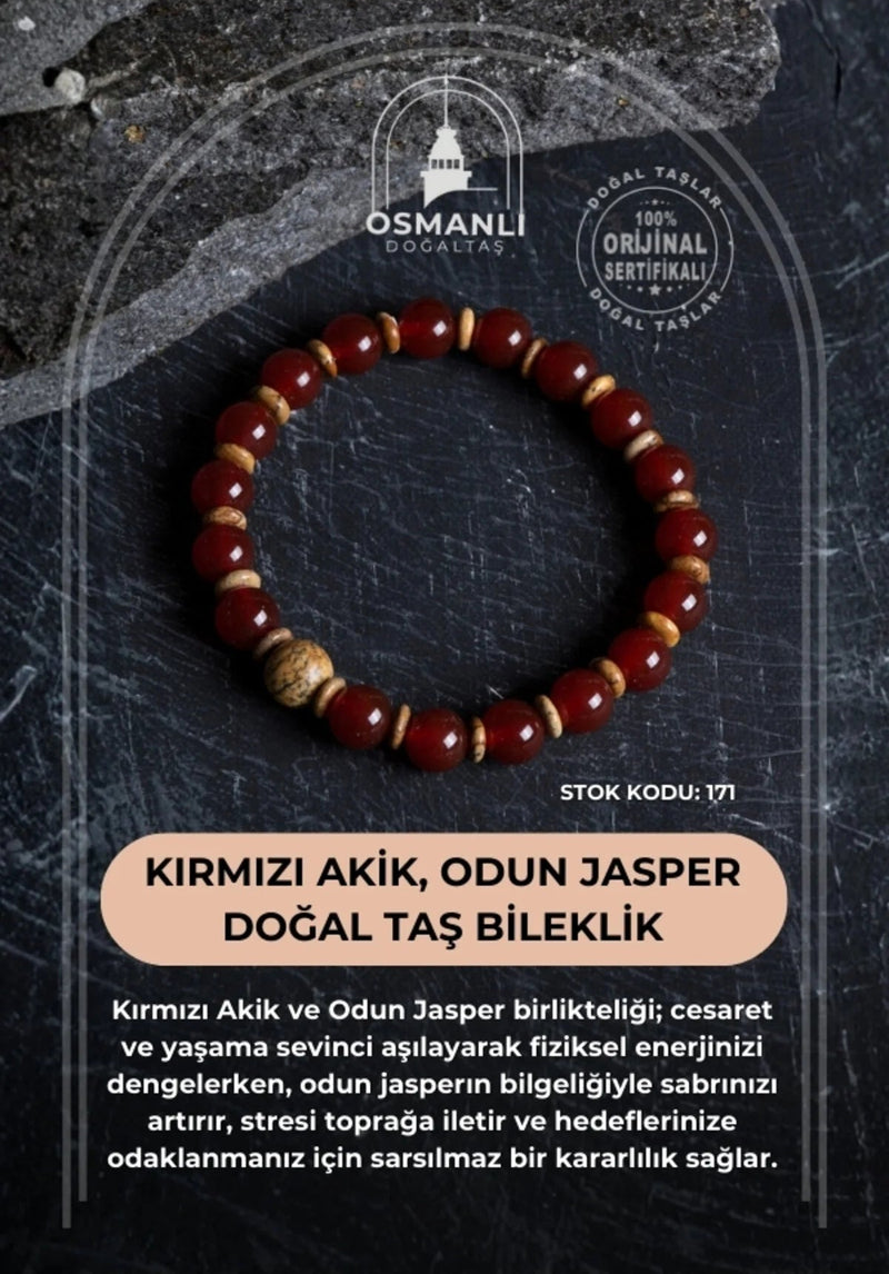 Sertifikalı Kırmızı Akik, Odun Jasper Doğal Taş Bileklik (SK:171)