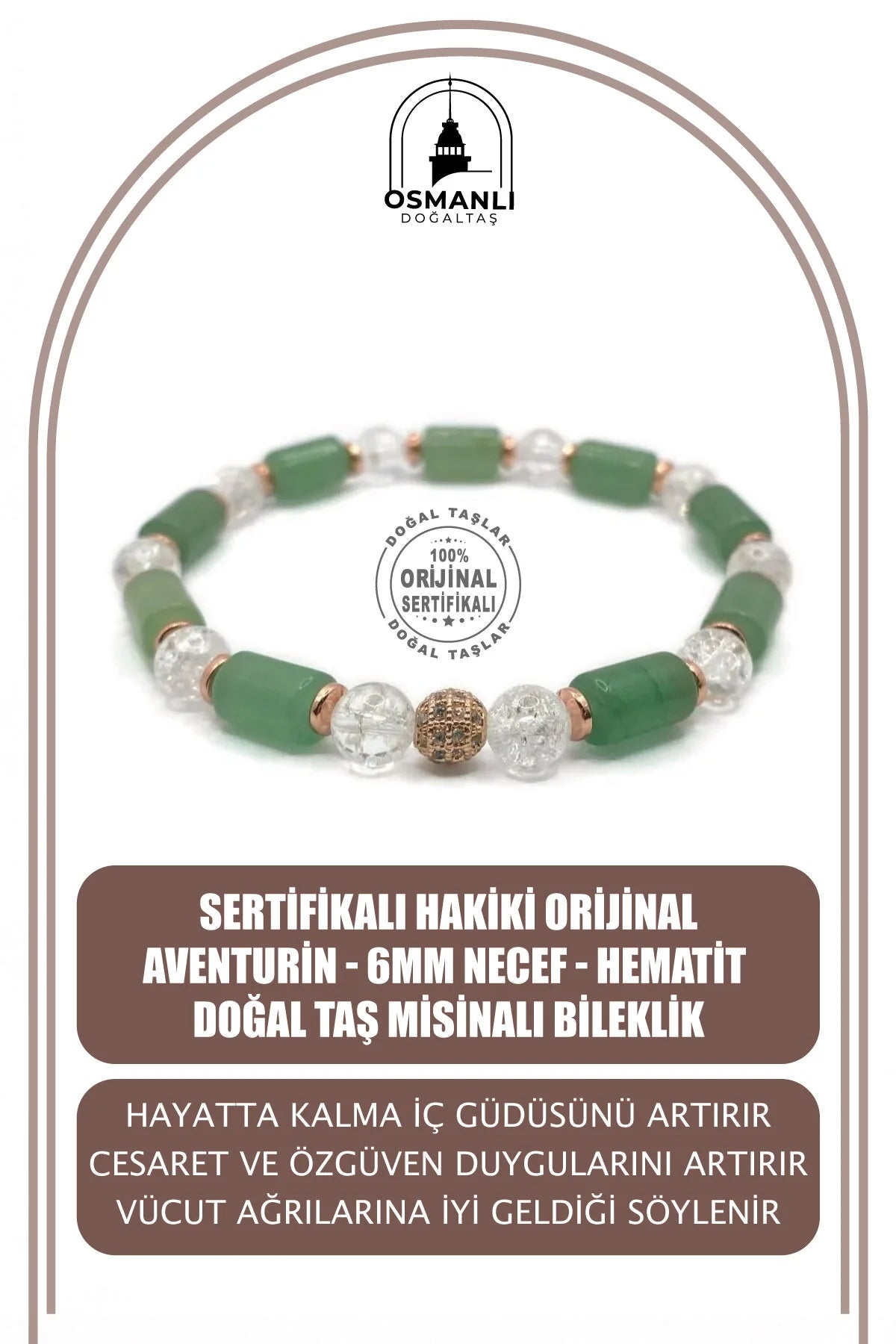 Sertifikalı Hakiki Orijinal Aventurin - 6mm Necef - Hematit Doğal Taş Misinalı Bileklik