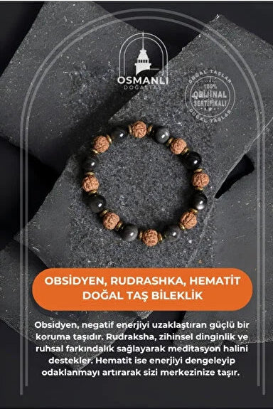 Sertifikalı Obsidyen, Rudrashka, Hematit Doğal Taş Bileklik