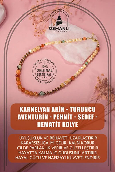 Karnelyan Akik-Turuncu Aventurin-Prehnit-Sedef-Hematit Doğal Taş Kolye