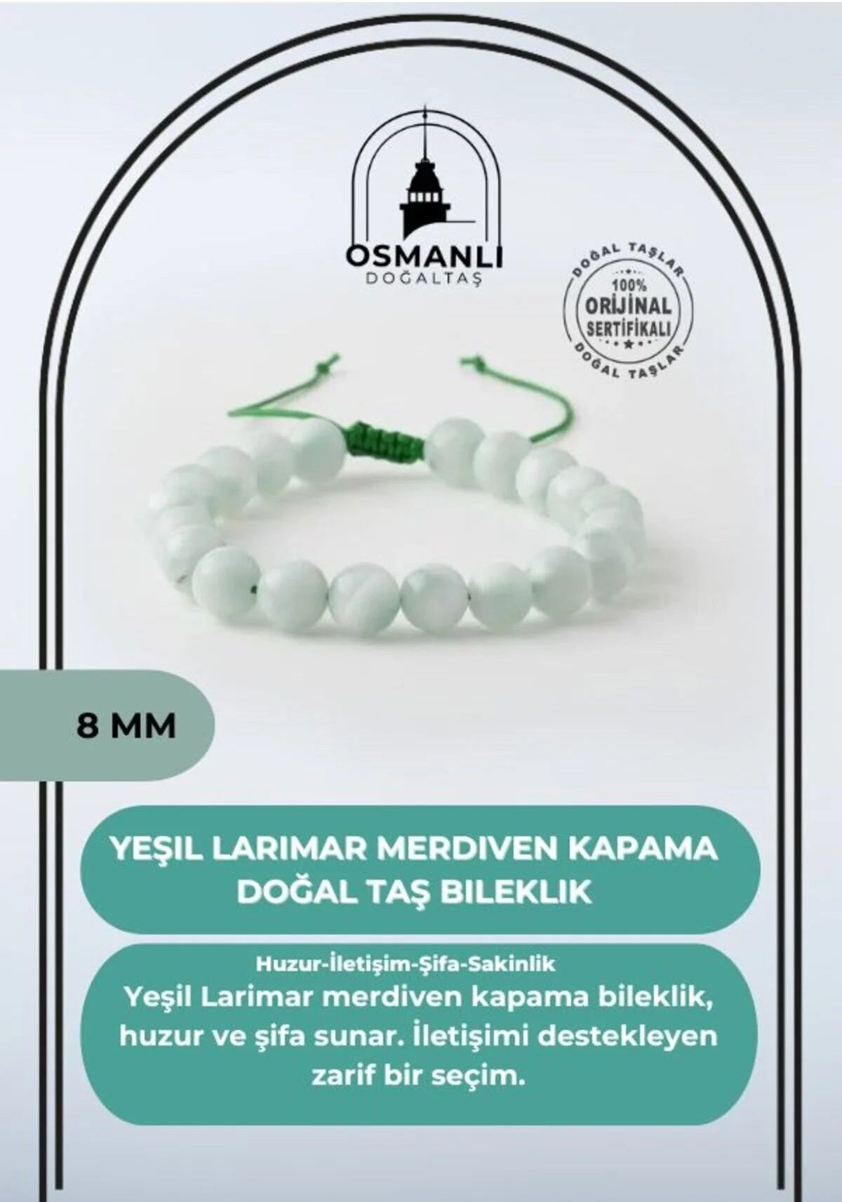 Yeşil Larimar 8mm Merdiven Kapama Doğal Taş Bileklik