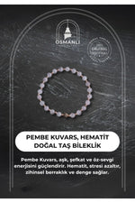Sertifikalı Pembe Kuvars ve Hematit Doğal Taş Bileklik