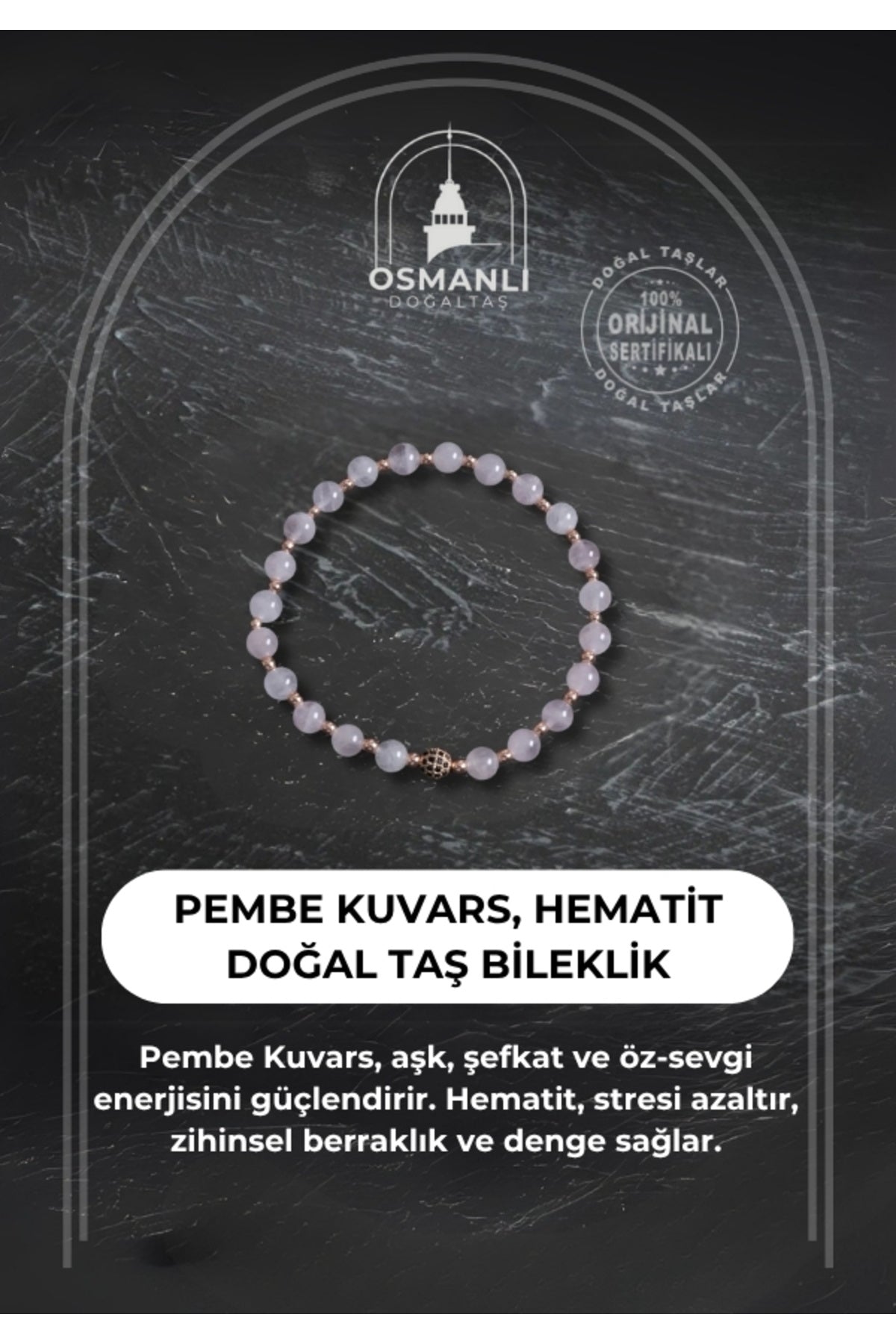 Sertifikalı Pembe Kuvars ve Hematit Doğal Taş Bileklik