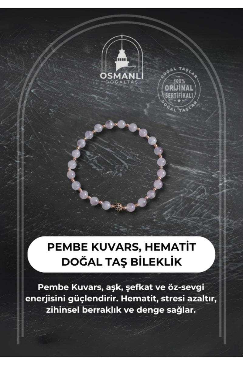 Sertifikalı Pembe Kuvars ve Hematit Doğal Taş Bileklik