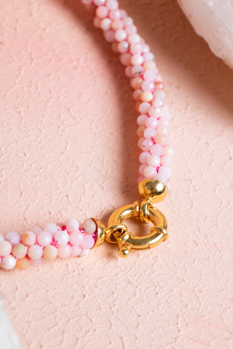 Sertifikalı El İşçiliği Örme Pembe Opal Gümüş Kapama Kolye (SK:107)