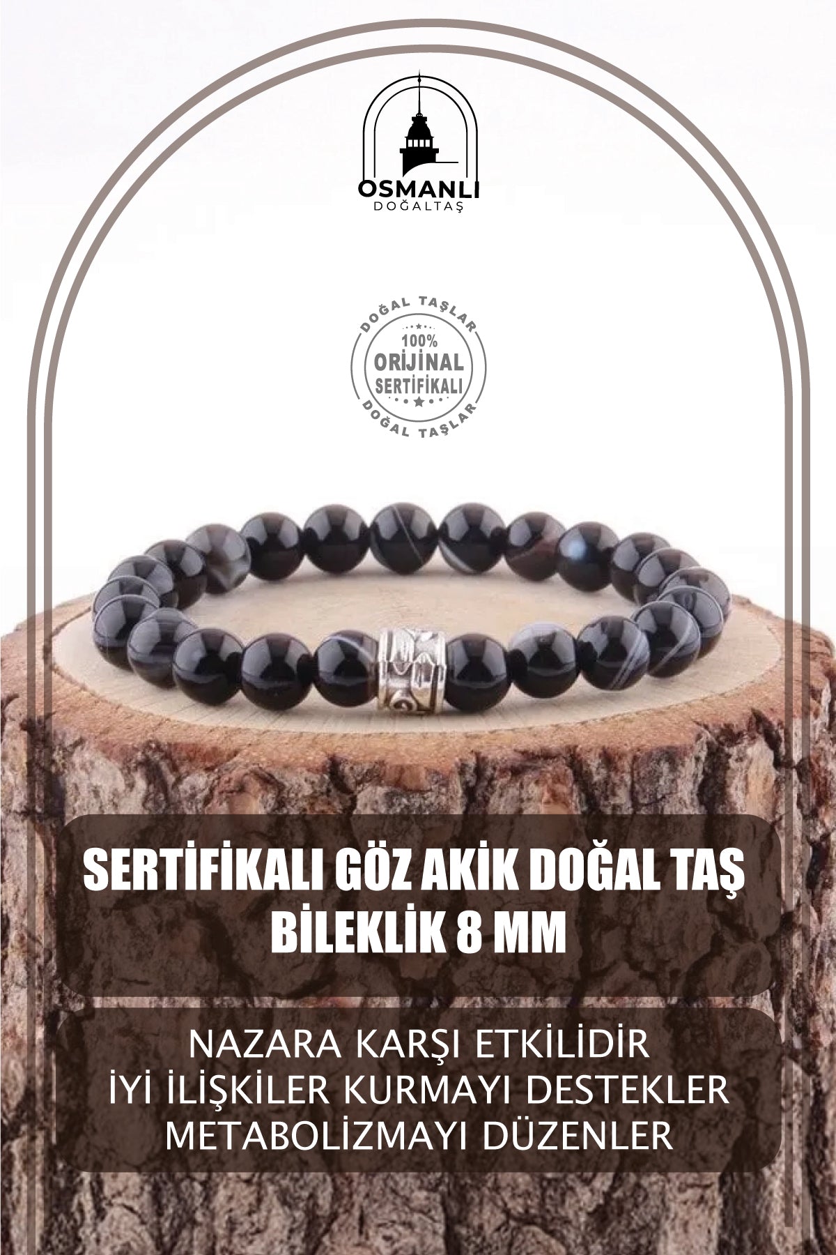 Sertifikalı Göz Akik Doğal Taş Bileklik 8 Mm - B125