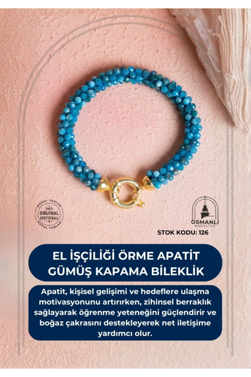 Sertifikalı El İşçiliği Örme Apatit Gümüş Kapama Bileklik (SK:126)
