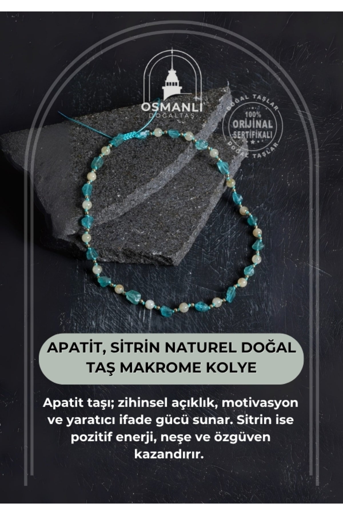 Sertifikalı Apatit, Sitrin Naturel Doğal Taş Makrome Kolye 