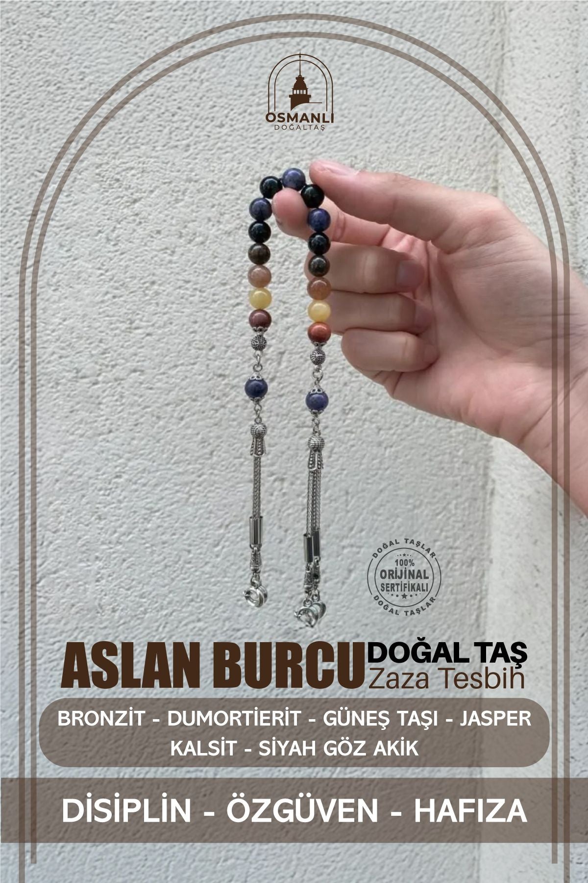 Aslan Burcu Zaza Tesbih Doğal Taş Bronzit, Dumortierit, Güneş Taşı, Jasper, Kalsit, Siyah Göz Akik
