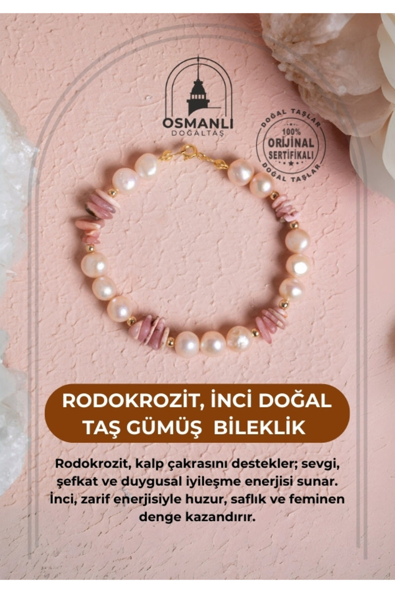Sertifikalı Rodokrozit, İnci Doğal Taş Gümüş Bileklik