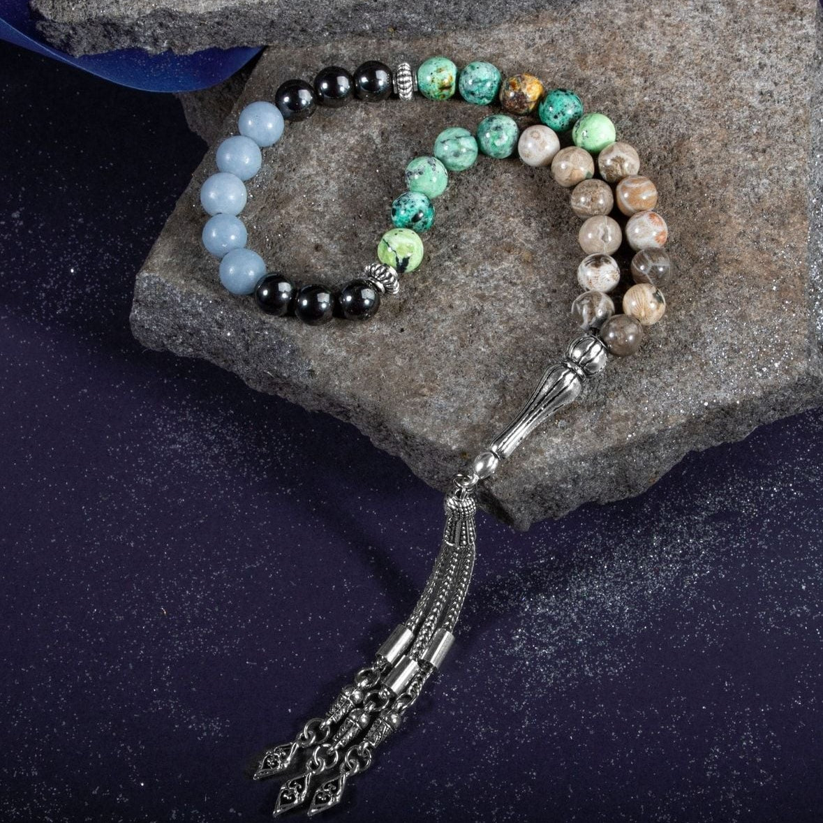 Kova Burcu Tesbih Anjelit, Fosil Mercan, Hematit, Krizokol