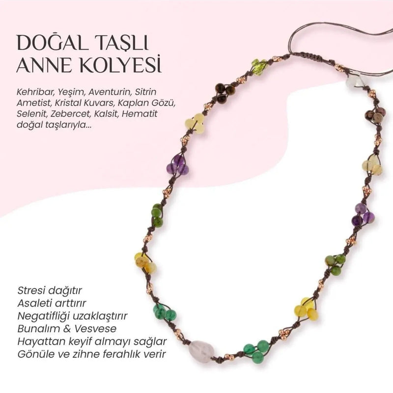 Anne Kolye Doğal Taş Rodonit-Selenit-Hematit-Kalsit-Kaplan Gözü-Sitrin-Ametist-Yeşim-Kehribar-Aventurin-Kristal Kuvars-Zebercet-Pembe Kuvars