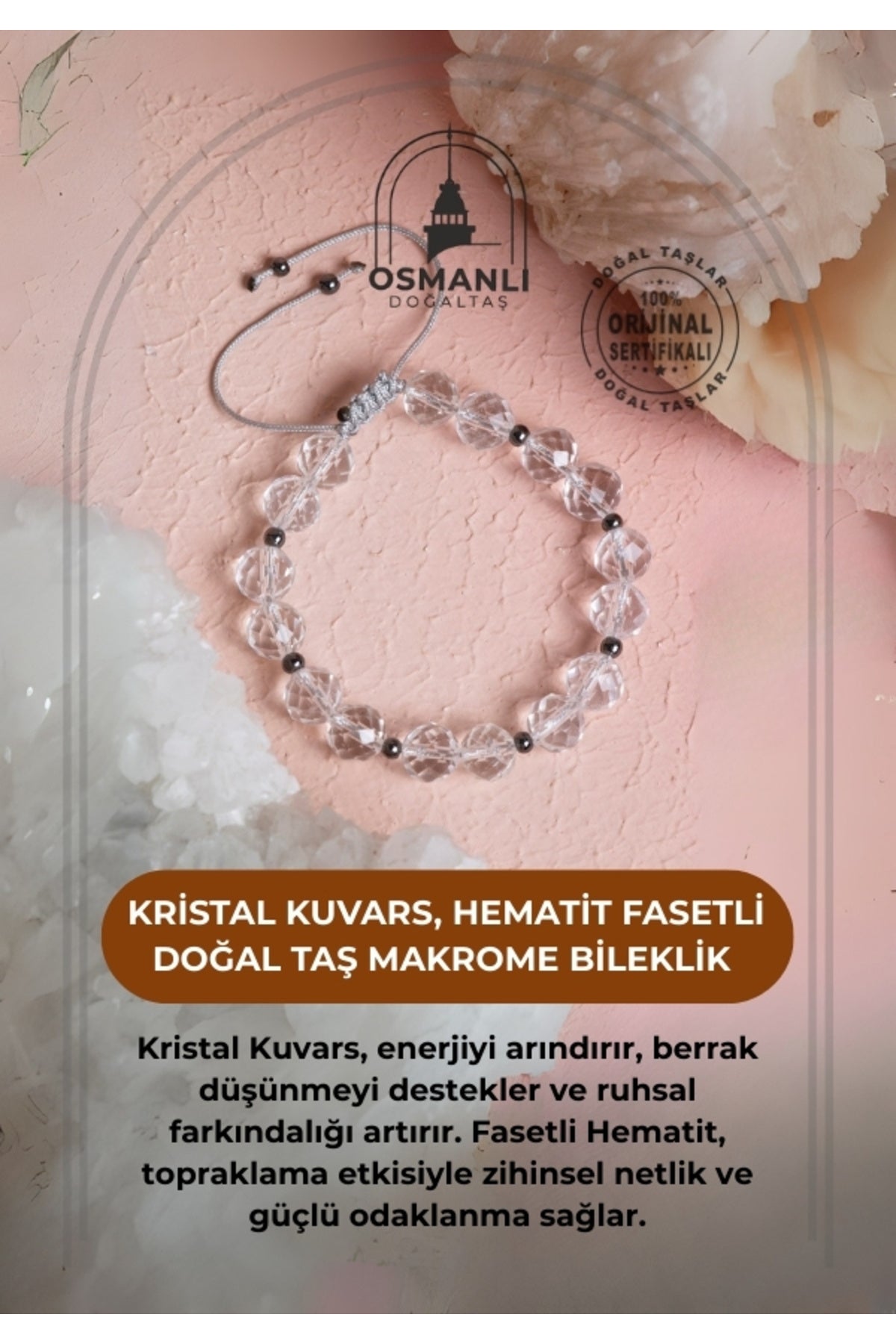 Sertifikalı Kristal Kuvars, Hematit Fasetli Doğal Taş Makrome Bileklik 
