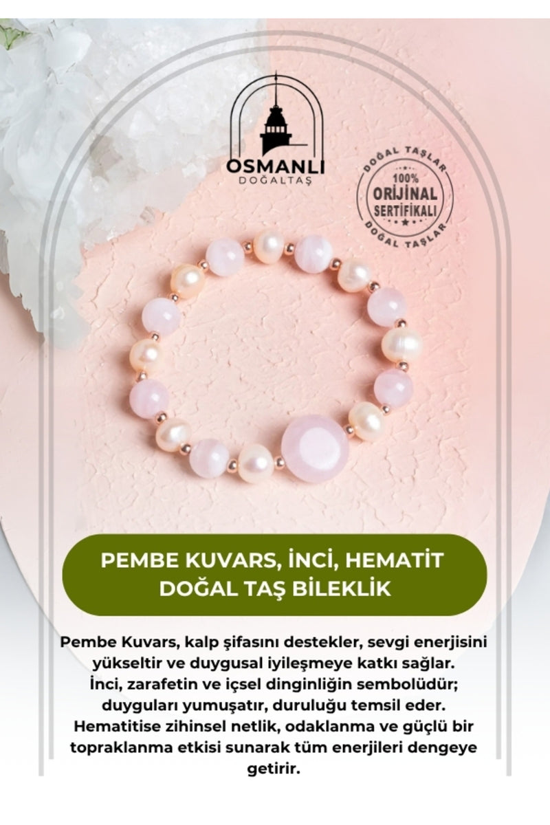 Sertifikalı Pembe Kuvars, İnci, Hematit Doğal Taş Bileklik