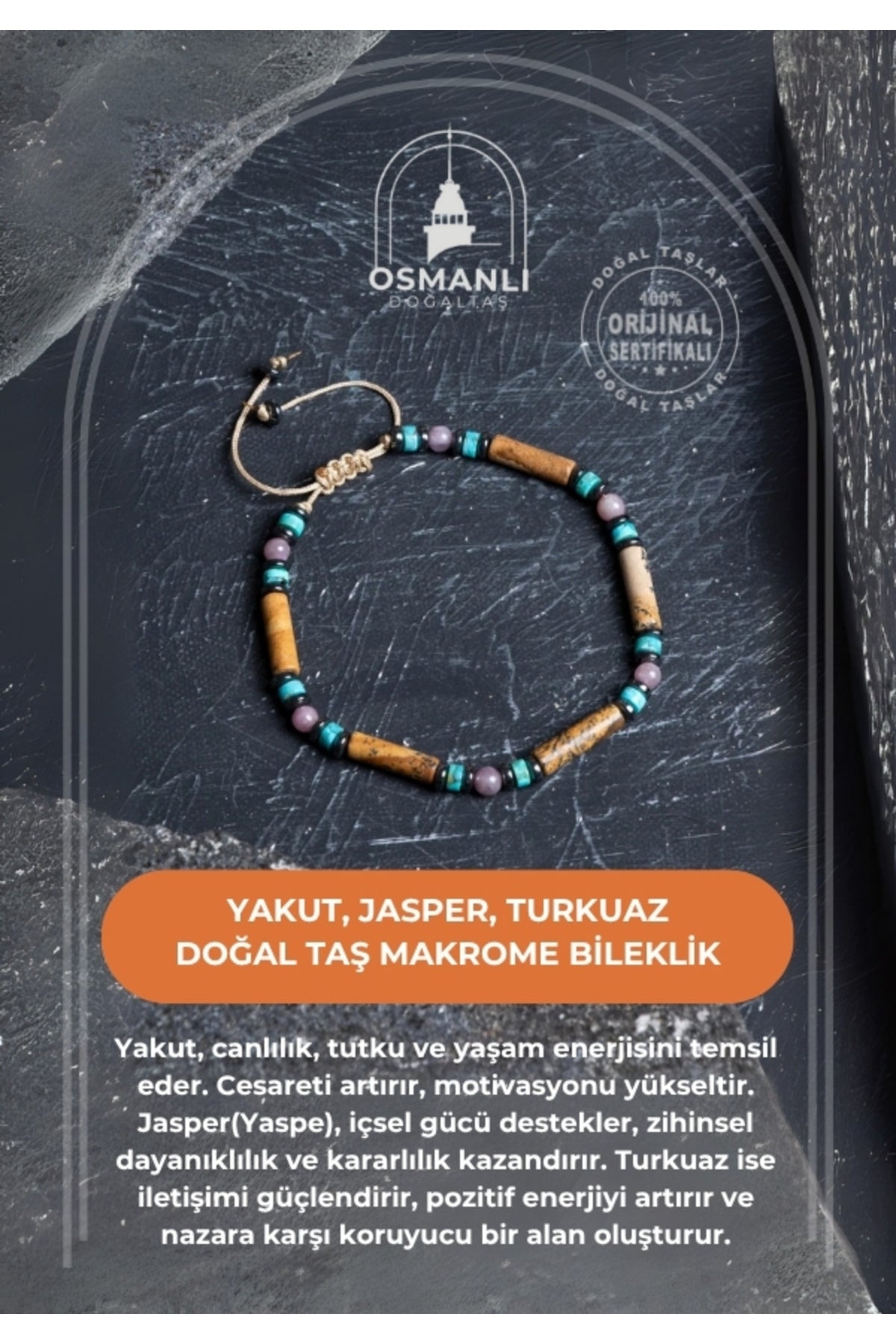 Sertifikalı Yakut, Jasper, Turkuaz Doğal Taş Makrome Bileklik