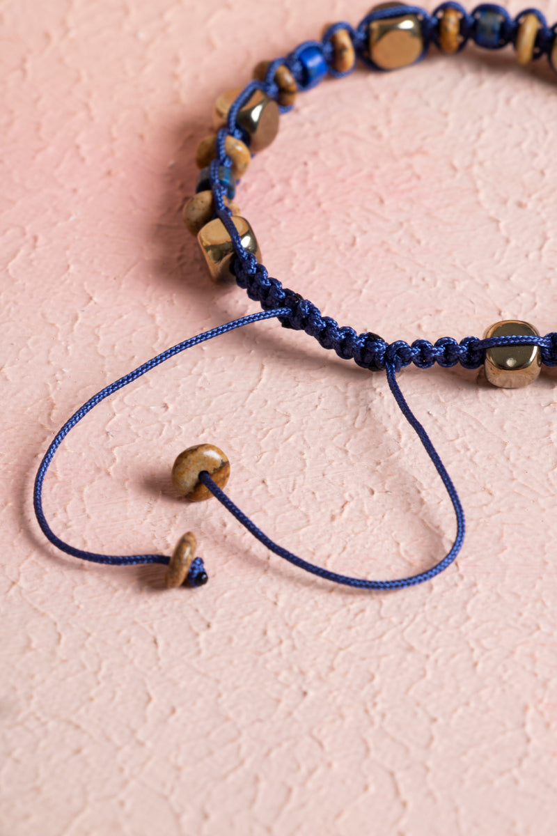 Sertifikalı Lapis Lazuli, Jasper, Hematit Doğal Taş Makrome Bileklik (SK:079)