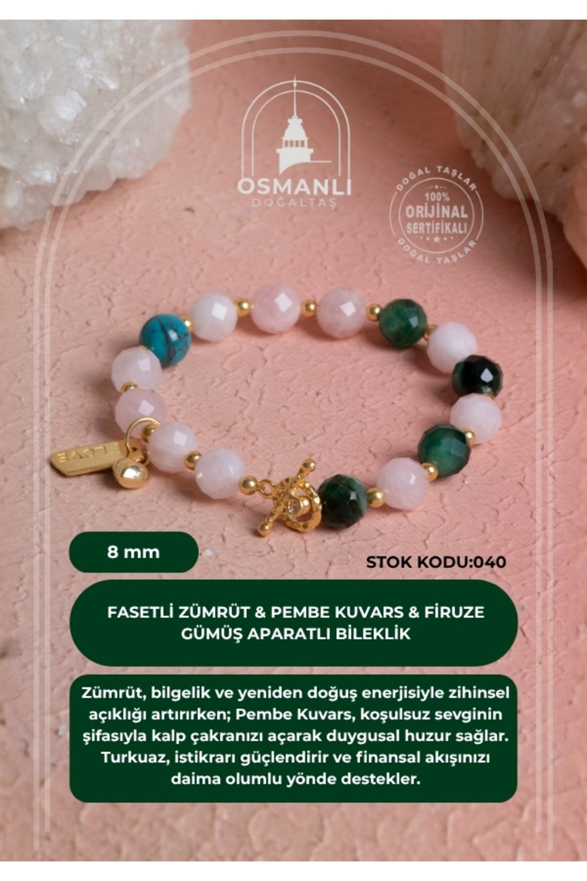 Fasetli Zümrüt & Pembe Kuvars & Firuze  Gümüş Aparatlı Bileklik SK:040