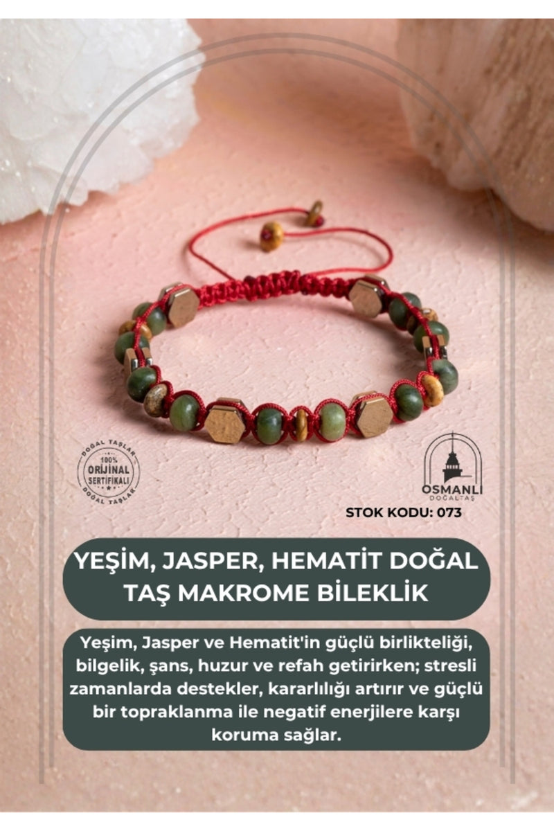 Sertifikalı Yeşim, Jasper, Hematit Doğal Taş Makrome Bileklik (SK:073)