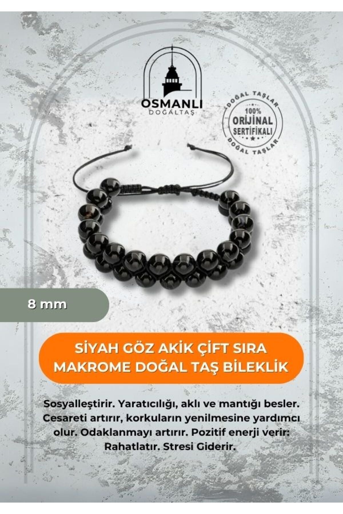 Siyah Göz Akik 8mm Çift Sıra Makrome Doğal Taş Bileklik