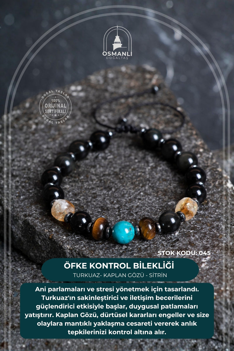 Sertifikalı Turkuaz (Firuze) - Kaplan Gözü - Sitrin Doğal Taş Öfke Kontrol Bilekliği S.K: 045