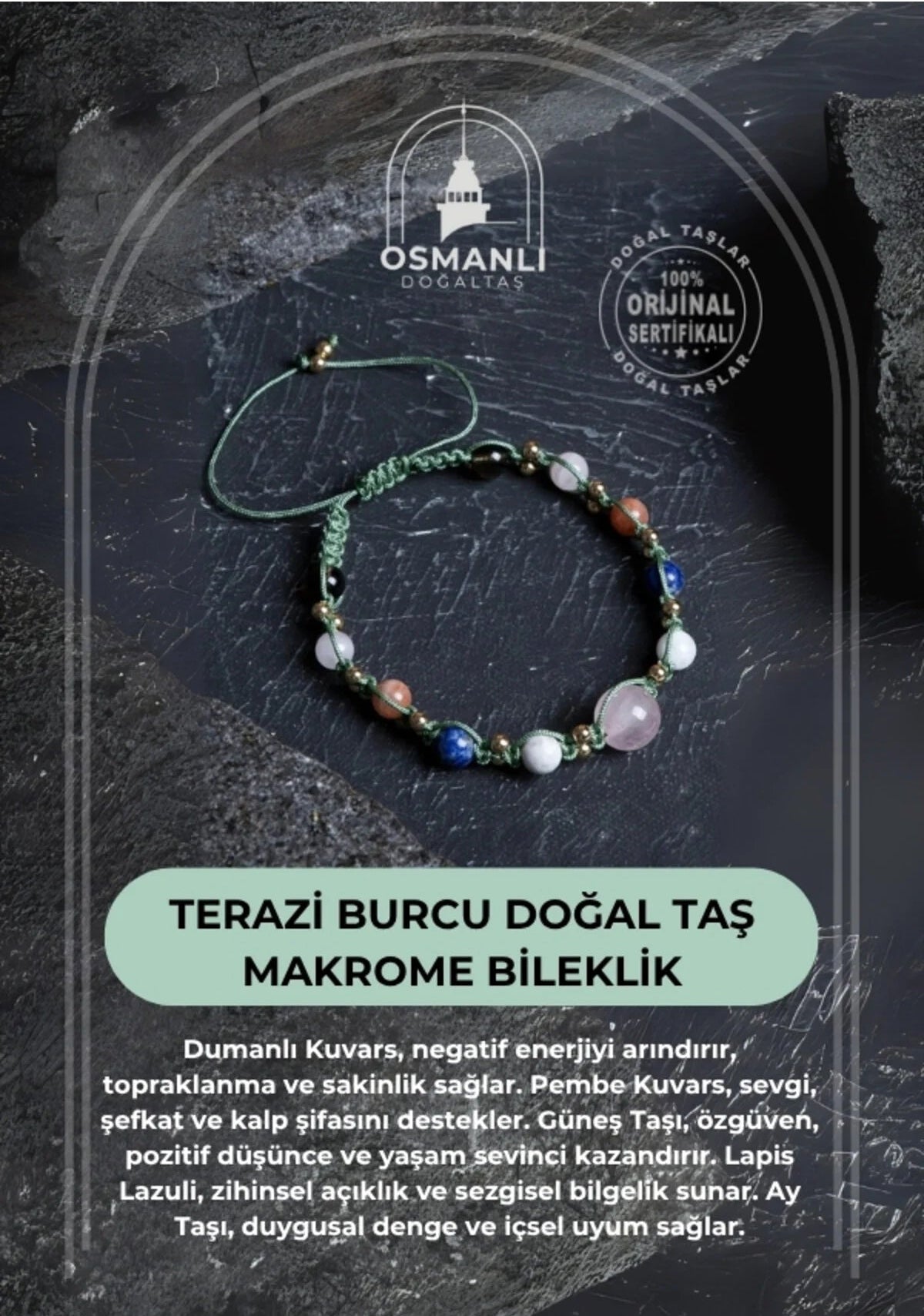 Sertifikalı Doğal Taş Makrome Bileklik-Terazi Burcu