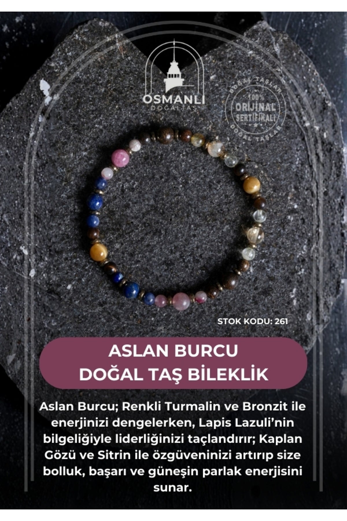 Sertifikalı Aslan Burcu Doğal Taş Bileklik (SK:261)