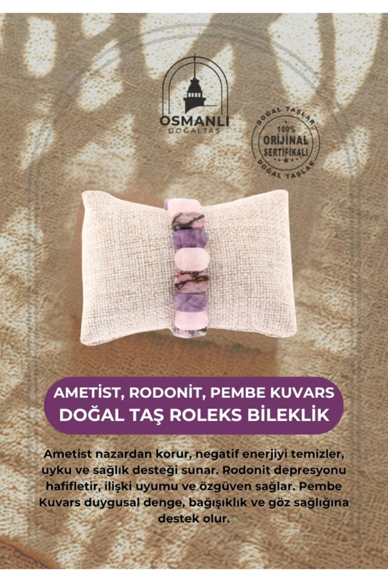 Sertifikalı Doğal Taş Roleks Bileklik (AMETİST,RODONİT,PEMBE KUVARS)
