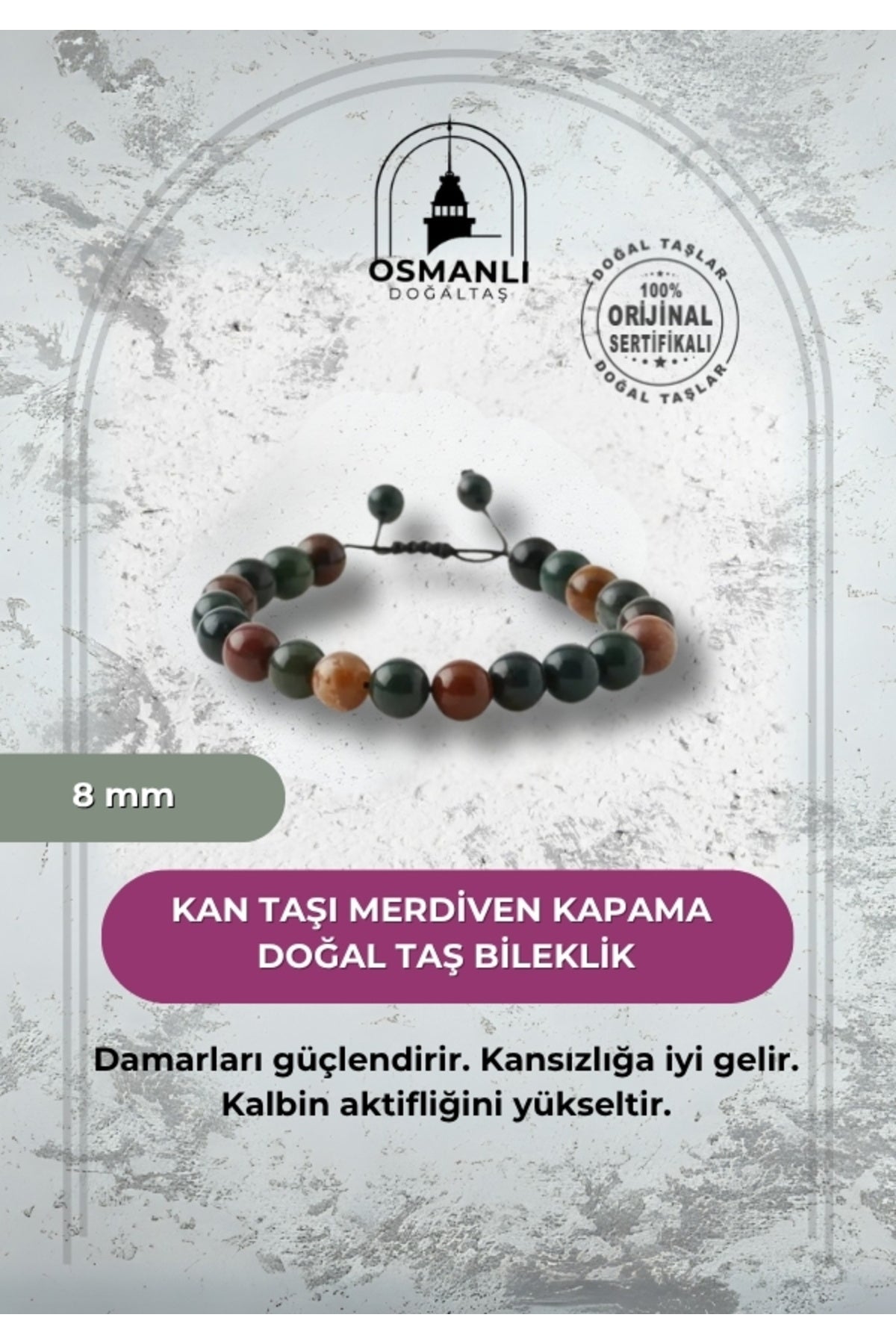 Kan Taşı 8mm Merdiven Kapama Doğal Taş Bileklik