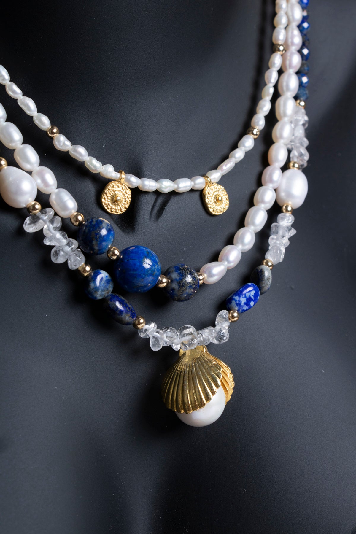 Sertifikalı İnci, Lapis Lazuli, Hematit Gümüş Aparatlı Doğal Taş Kolye (SK:018)