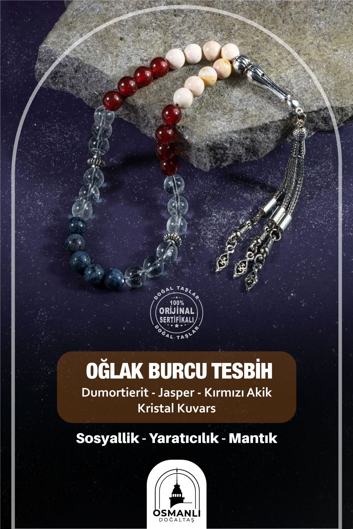 Oğlak Burcu Tesbih Dumortierit, Jasper, Kırmızı Akik, Kristal Kuvars