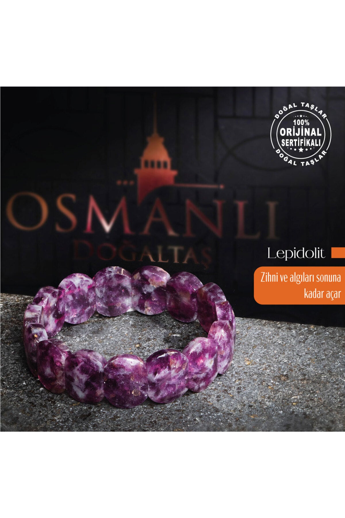 Sertifikalı Orijinal Lepidolit Doğal Taş Bileklik Geniş Kesim