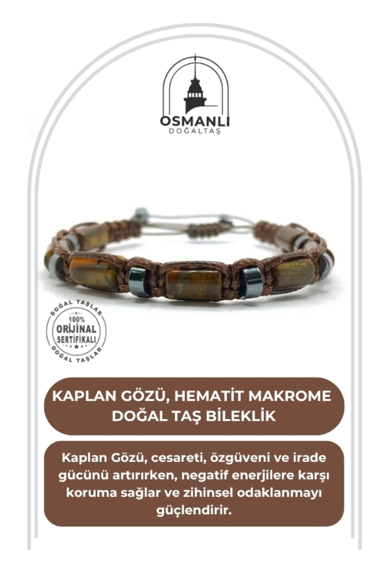 Unisex Sertifikalı Gerçek Doğal Taş Kaplan Gözü - Hematit El Yapımı & Kutulu Makrome İpli Bileklik