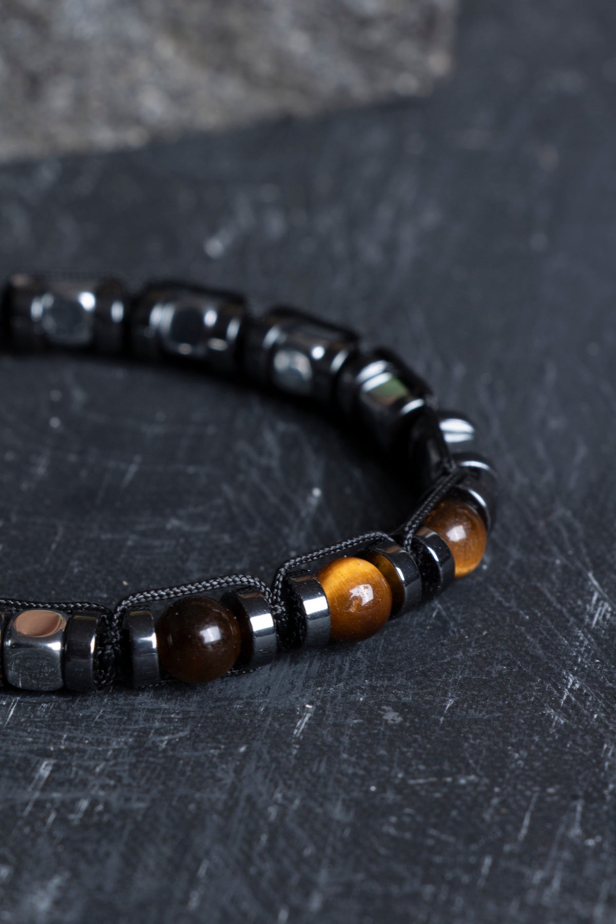 Sertifikalı Hematit, Kaplan Gözü Doğal Taş Makrome Bileklik (SK:184)