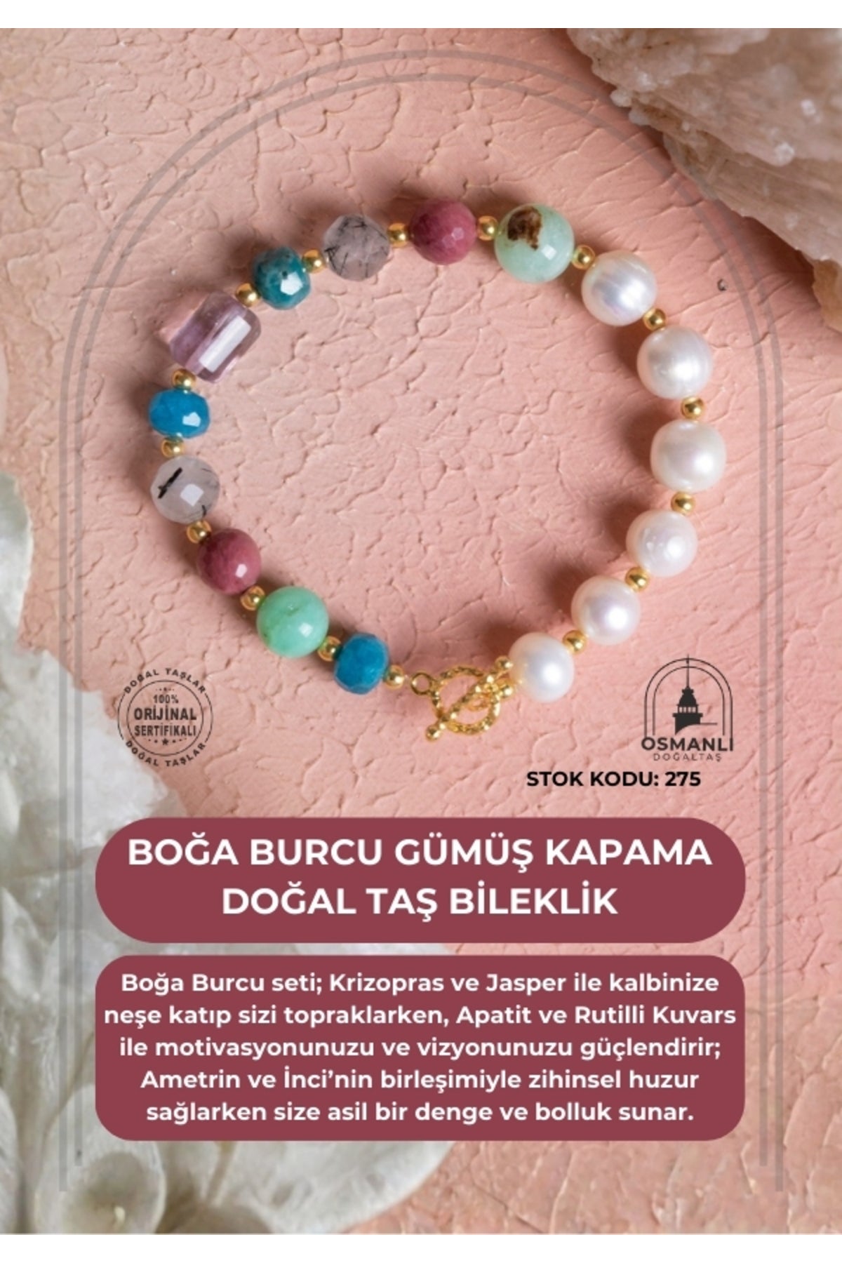 Sertifikalı Boğa Burcu Gümüş Kapama Doğal Taş Bileklik (SK:275)