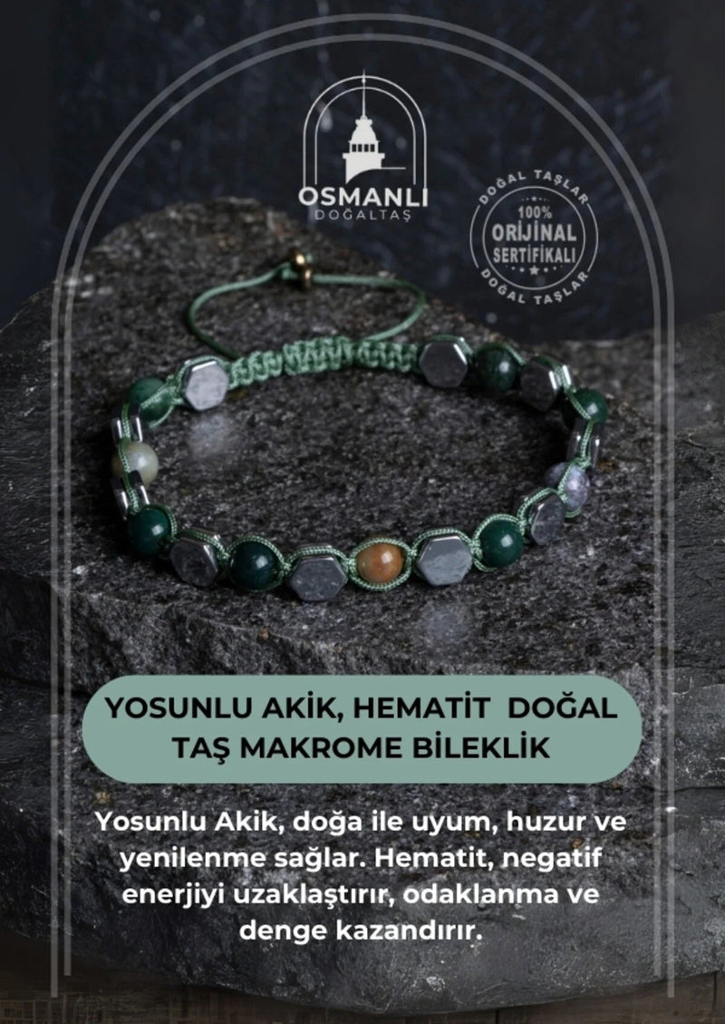 Sertifikalı Yosunlu Akik, Hematit Doğal Taş Makrome Bileklik