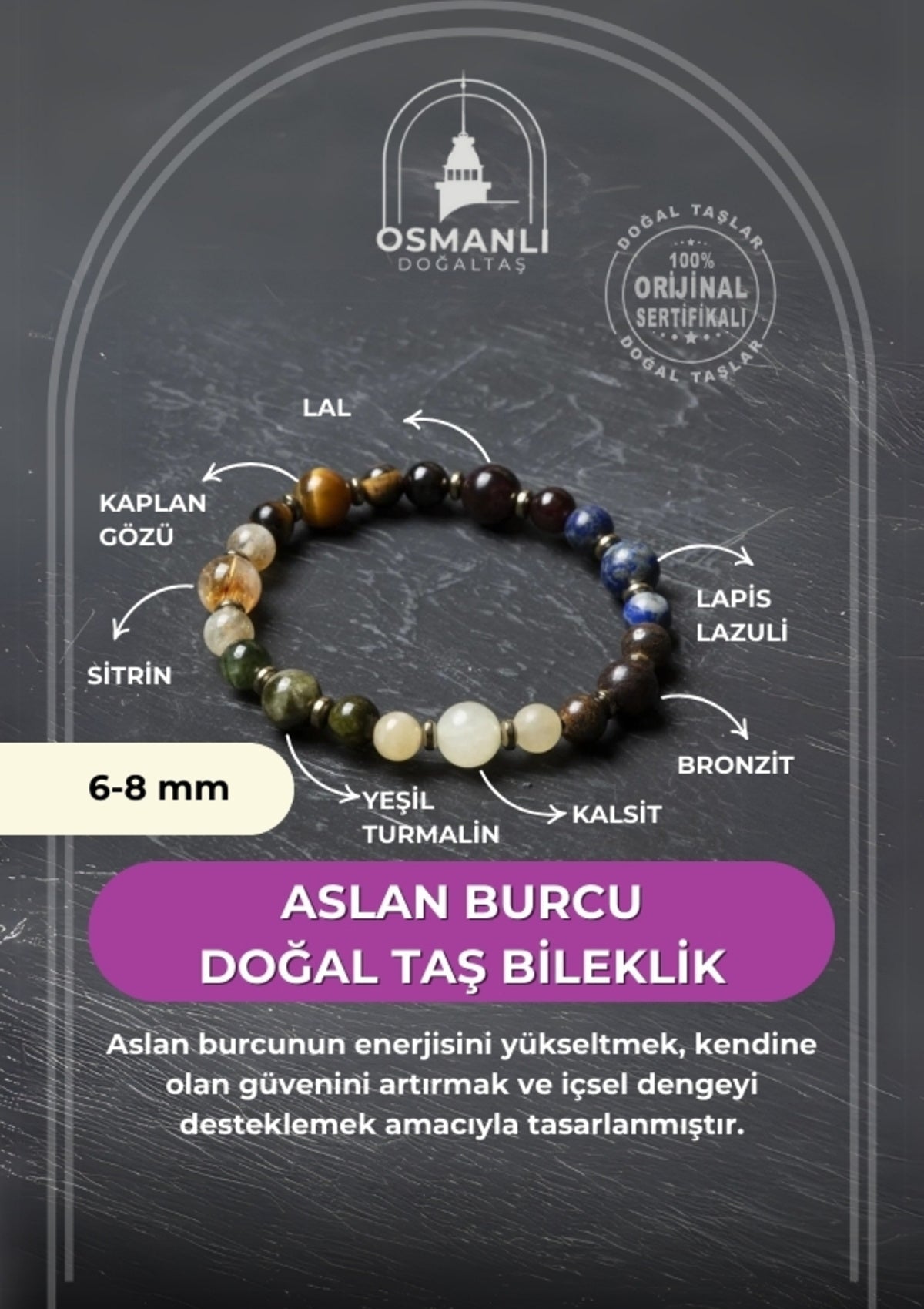 Osmanlı Doğal Taş Sertifikalı Aslan Burcu Doğal Taş Bileklik