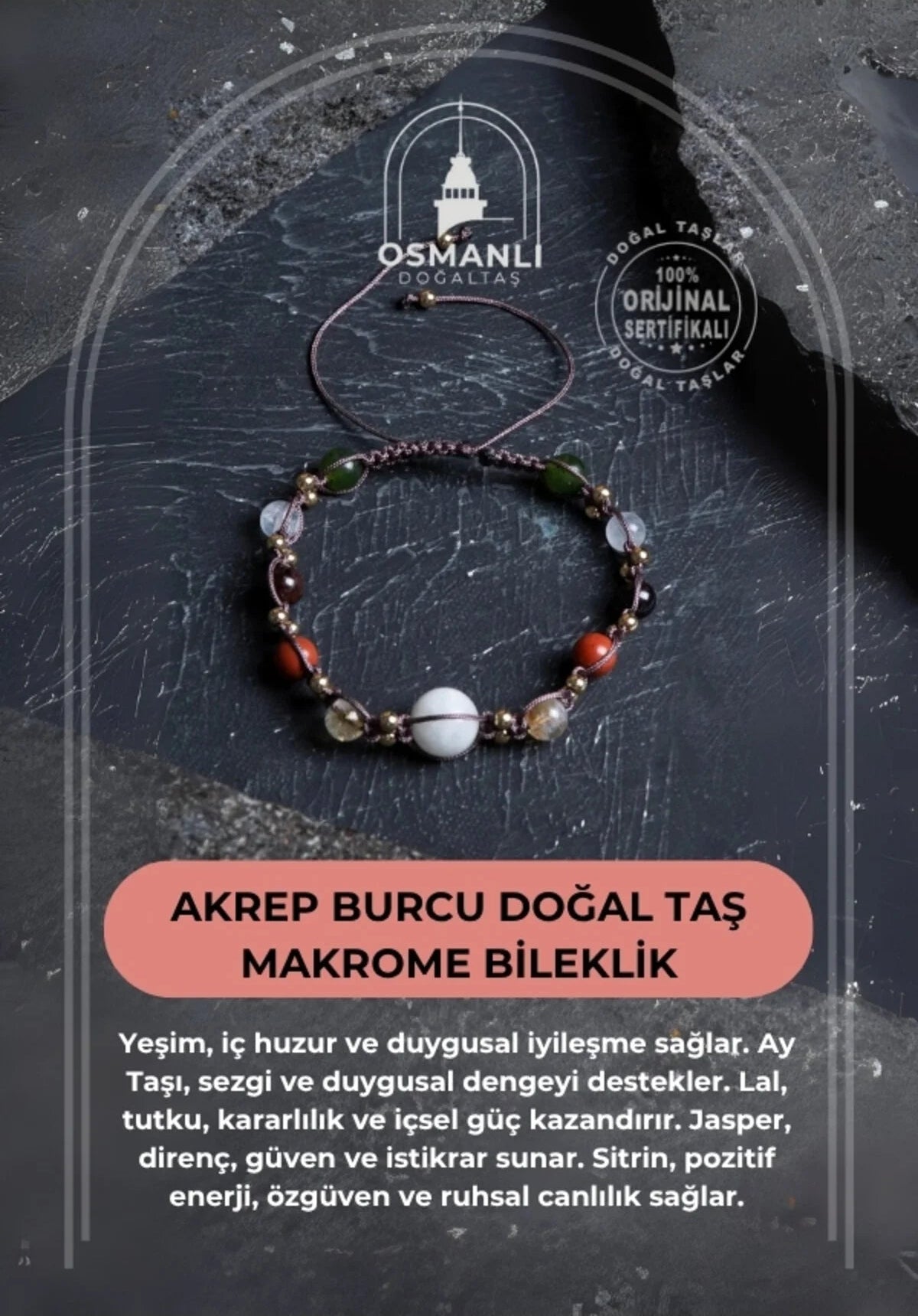 Sertifikalı Doğal Taş Makrome Bileklik-Akrep Burcu