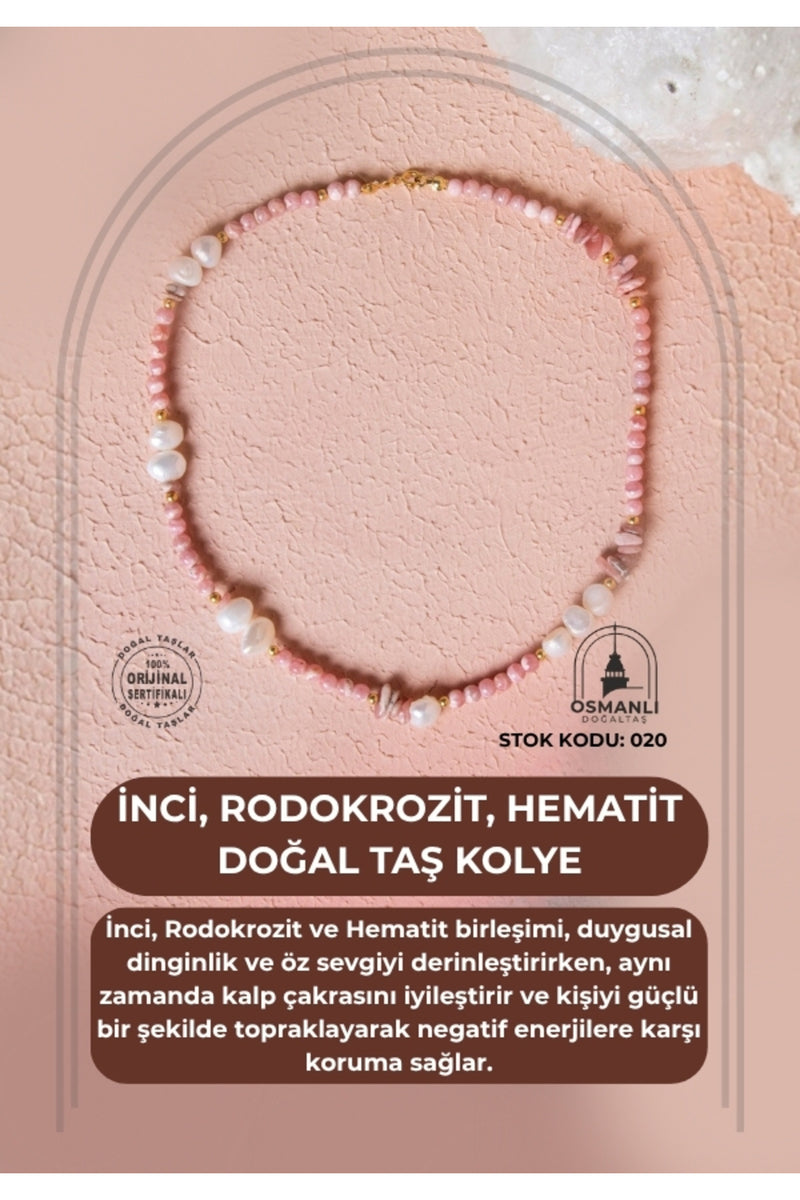 Sertifikalı İnci, Rodokrozit, Hematit Doğal Taş Kolye (SK:020)